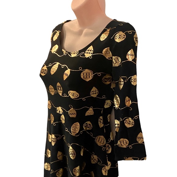 X-Mas Ornament Dress Gold Foil Black T-Shirt Dress Skater Short Fit & Flare Mini - Picture 8 of 11